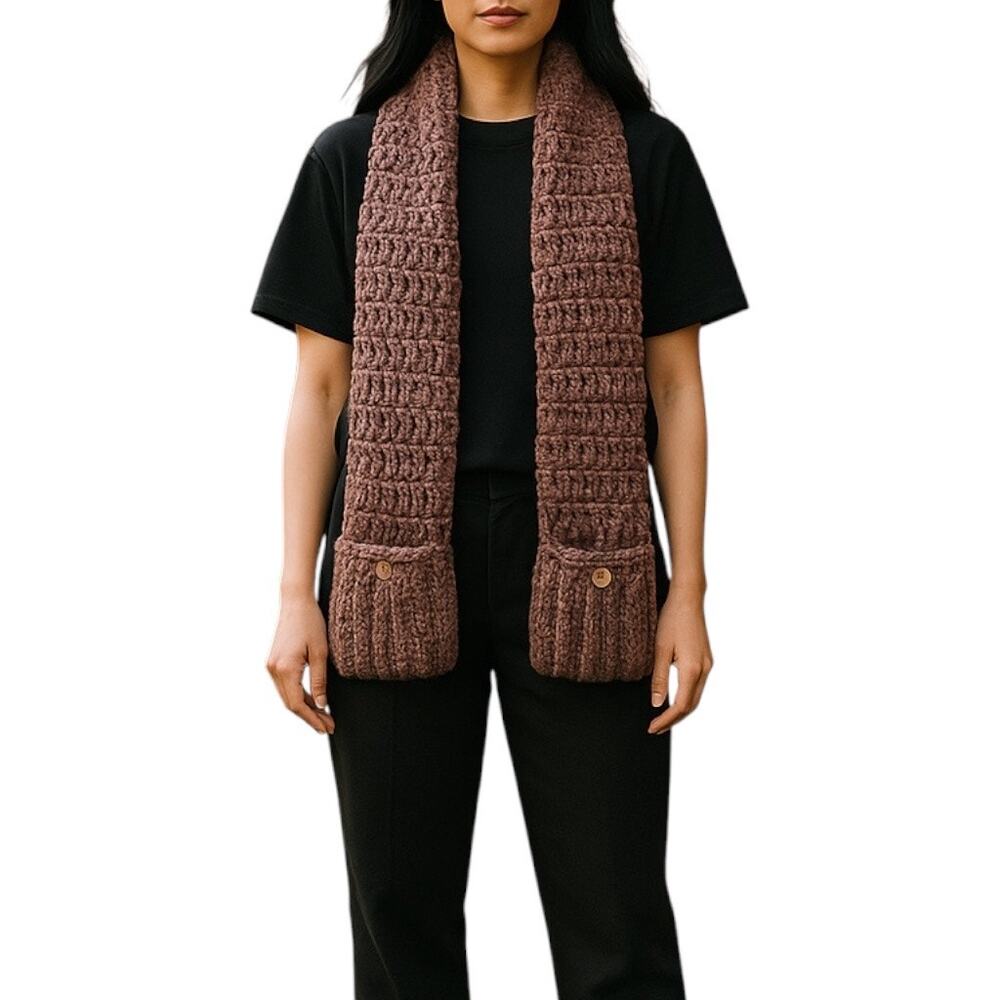Hand Knit Grandma Wool Blend Soft Chunky Mauve Long Scarf w Pockets Boho Cozy